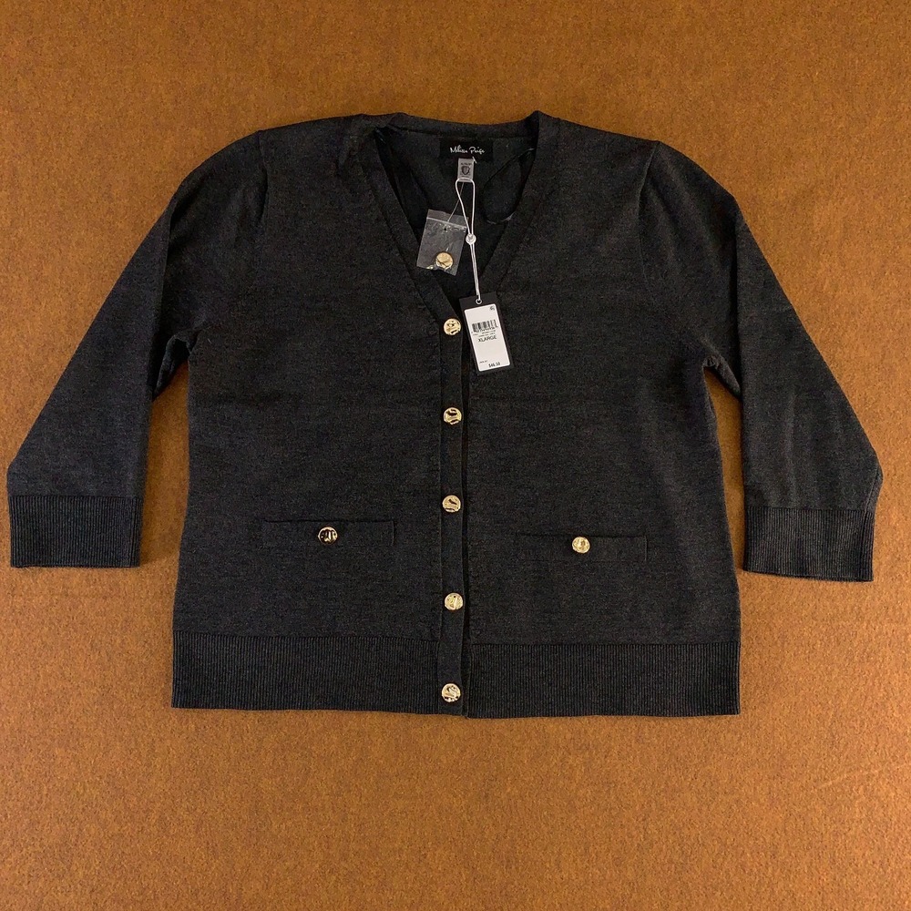 Melissa Paige Womens Size XL Charcoal Gray Gold Tone Button Cardigan Sweater NWT